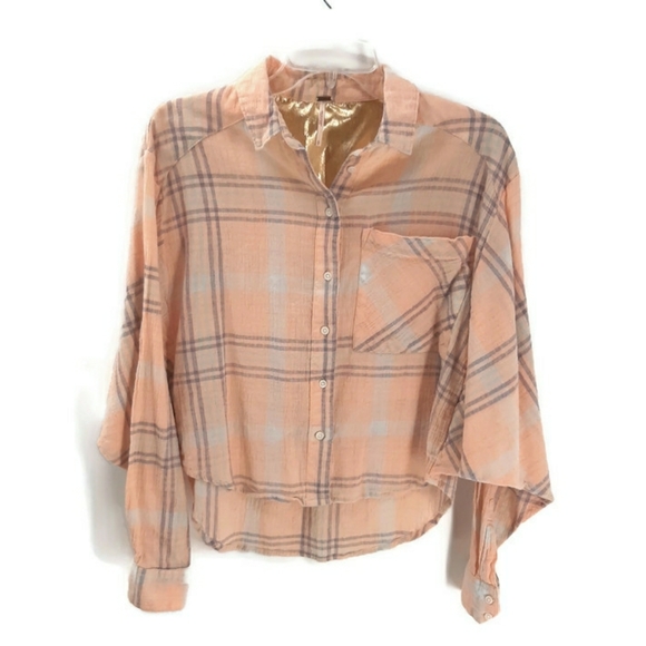 Free People Peach Plaid Cropped Button Up Small - Picture 4 of 7